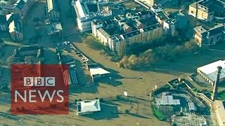 UK floods Aerial view of floods in Yorkshire and Lancashire  BBC News [upl. by Atnomed]