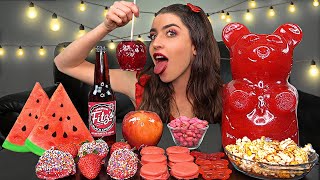 ASMR RED FOODS 5LB GUMMY BEAR CANDY APPLE CHOCOLATE OREOS [upl. by Estrella]