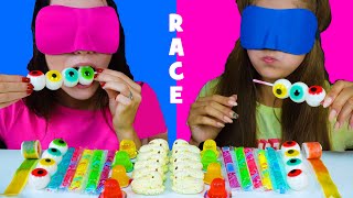 ASMR Candy Race with Closed Eyes Gummy Eyeballs Jelly Straws Peeps Marshmallow [upl. by Imak521]