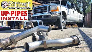 2001 F350 73  RiffRaff UpPipes Install  Stock up pipes leaking and falling apart JUNK SP [upl. by Lilllie]