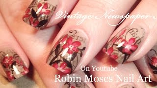 Vintage Newspaper Nails  Red Flowers Nail Art Design Tutorial [upl. by Eido35]