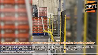 Conveyorized stretch wrapper with robotic corner board applicators and pallet stacker [upl. by Jempty357]