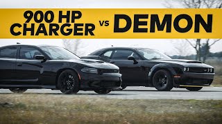 Dodge Demon vs 900 HP Hellcat Charger  Street Race Comparison [upl. by Safoelc]