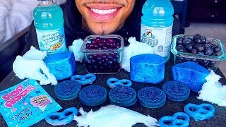 ASMR BLUE FOODS RARE BLUE OREOS COTTON CANDY BOBA BLUEBERRIES PRETZELS POP ROCKS EATING SHOW MUKBANG [upl. by Esiouqrut]