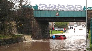 Homes and roads flood after heavy rain in Lancashire and north Wales [upl. by Ahouh]