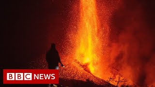 New eruptions from La Palma volcano as lava produced with more force  BBC News [upl. by Arries]