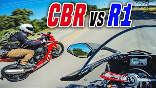 Yamaha R1 vs Honda CBR1000RR  160mph RACE [upl. by Thaddus]