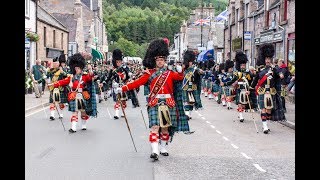 Massed Pipes amp Drums parade through Deeside town to start the Ballater Highland Games 2018 [upl. by Atsejam942]