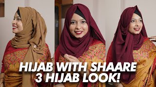 How To Style Hijab With Saree  3 Different Party Hijab Style  Khudalagse [upl. by Bashemath]